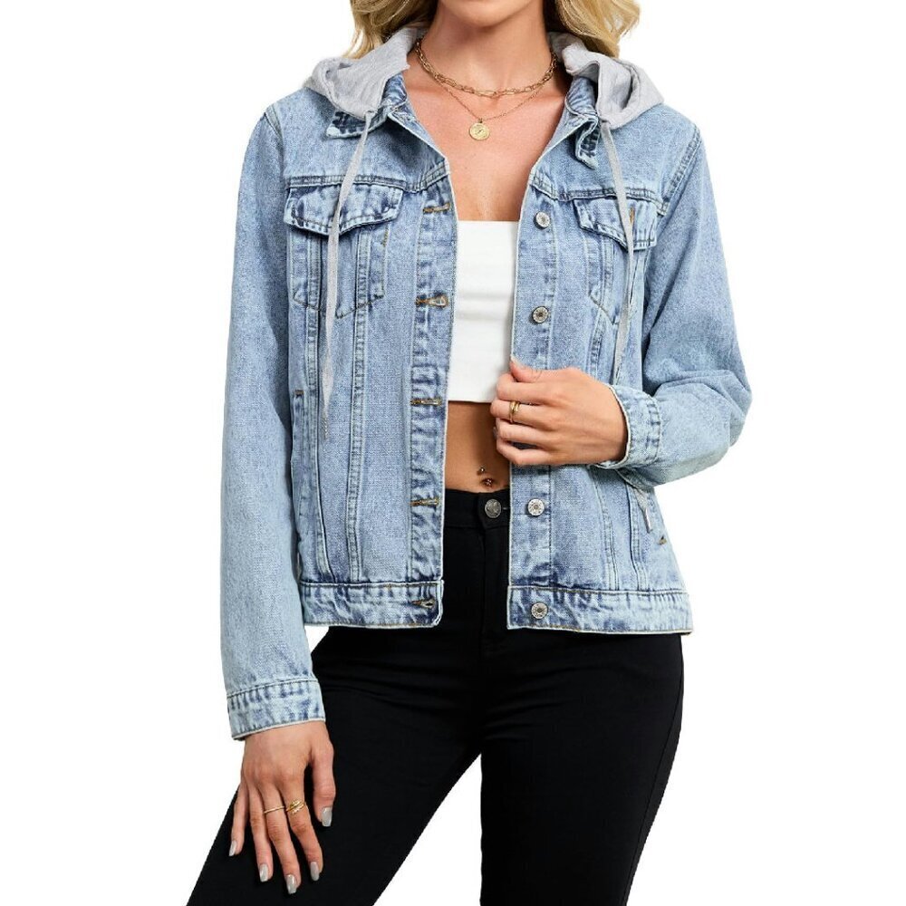 Denim Jacket with Detachable Hood Boyfriend Fit Long Sleeve Casual
